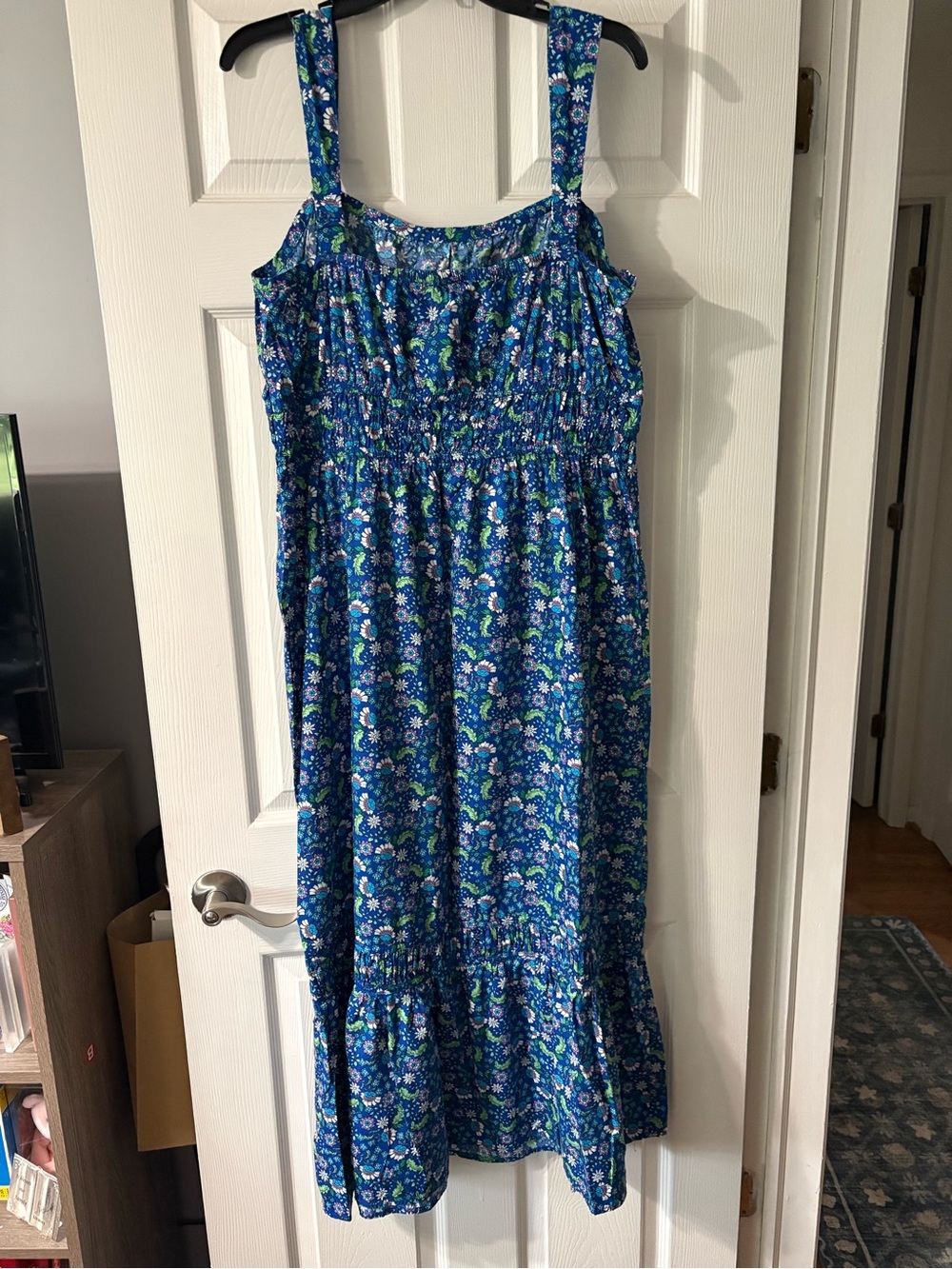 LOFT Navy Blue Floral Dress with Green and Pink Accents